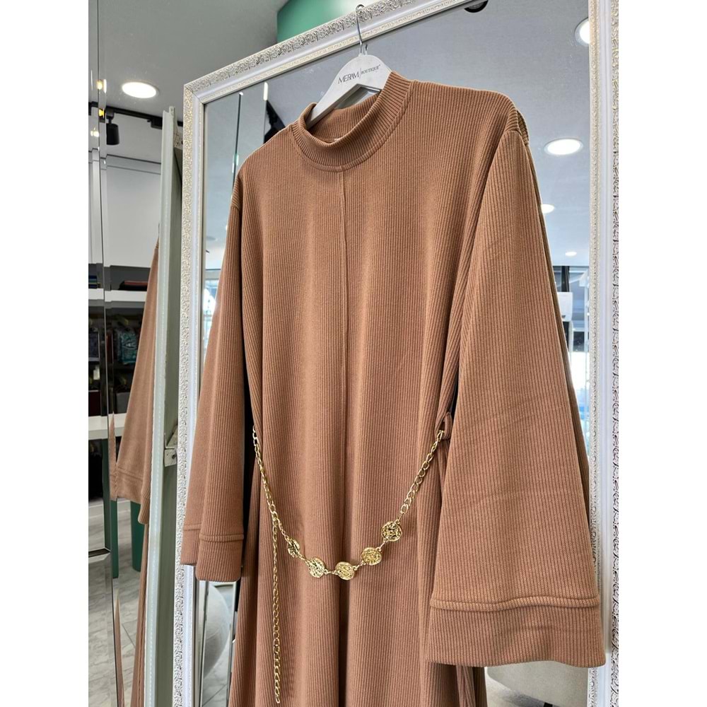 VATKATEX FİTİLLİ TRİKO ELBİSE - CAMEL - 42
