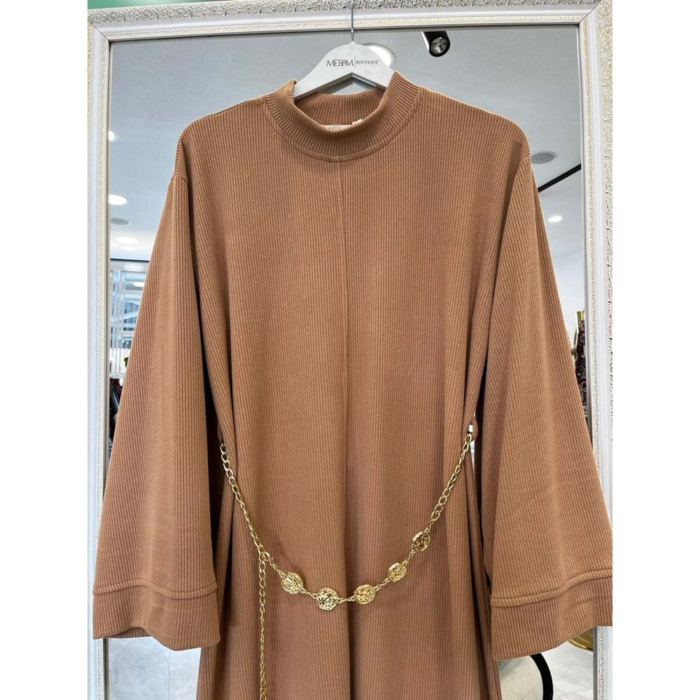 VATKATEX FİTİLLİ TRİKO ELBİSE - CAMEL - 44