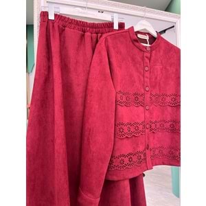 VATKATEX SÜET ETEKLİ TAKIM LAZER KESİM - BORDO - 46