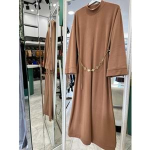 VATKATEX FİTİLLİ TRİKO ELBİSE - CAMEL - 44