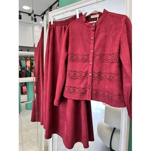 VATKATEX SÜET ETEKLİ TAKIM LAZER KESİM - BORDO - 46