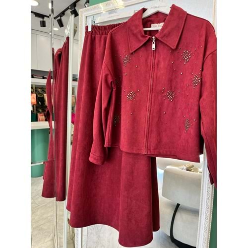 VATKATEX SÜET ETEKLİ TAKIM TAŞLI - BORDO - 46