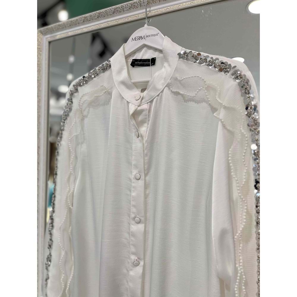 SELİNADA SATEN TUNİK PAYET ÇİÇEK DETAYLI 3151 - BEYAZ - 42