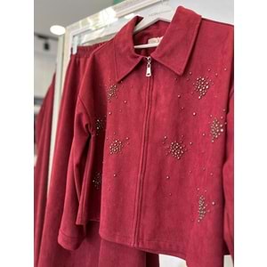 VATKATEX SÜET ETEKLİ TAKIM TAŞLI - BORDO - 44