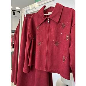 VATKATEX SÜET ETEKLİ TAKIM TAŞLI - BORDO - 46