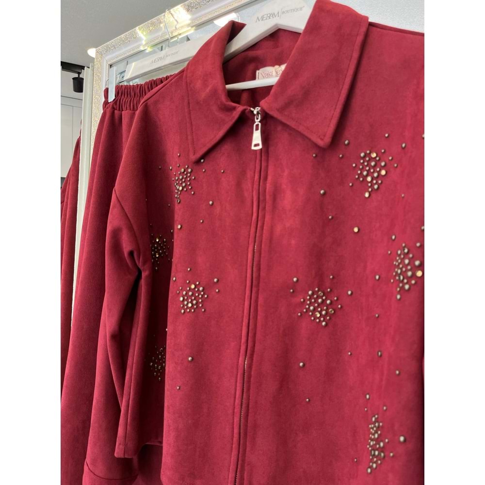 VATKATEX SÜET ETEKLİ TAKIM TAŞLI - BORDO - 46