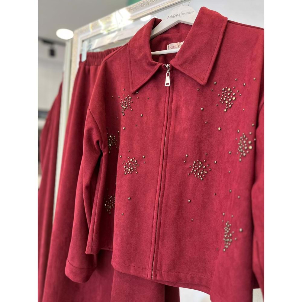 VATKATEX SÜET ETEKLİ TAKIM TAŞLI - BORDO - 46
