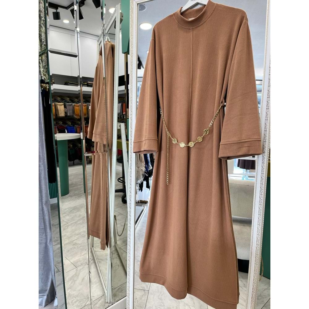 VATKATEX FİTİLLİ TRİKO ELBİSE - CAMEL - 42